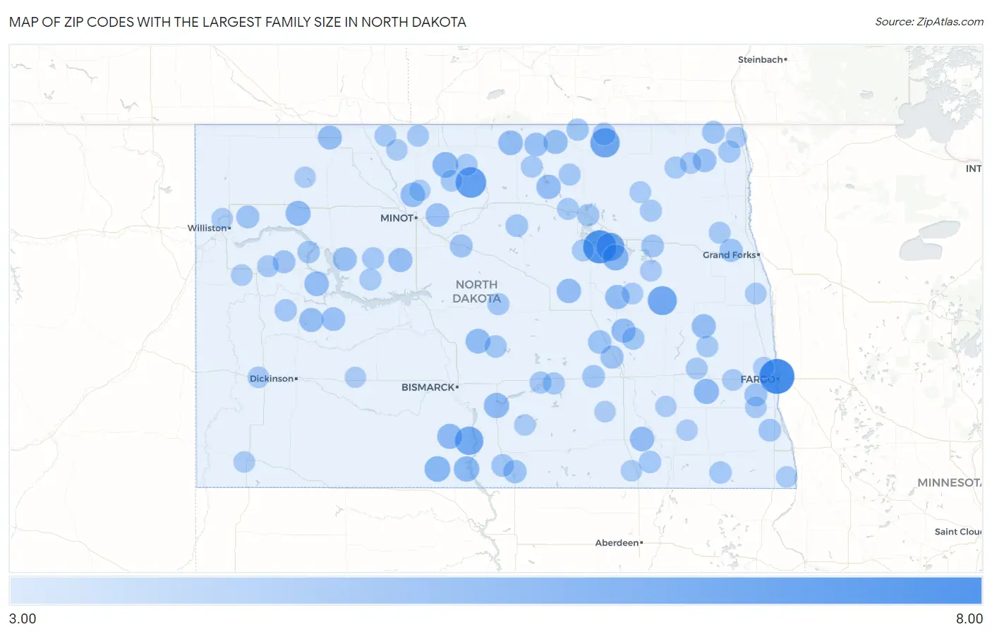 Zip Codes with the Largest Family Size in North Dakota Map