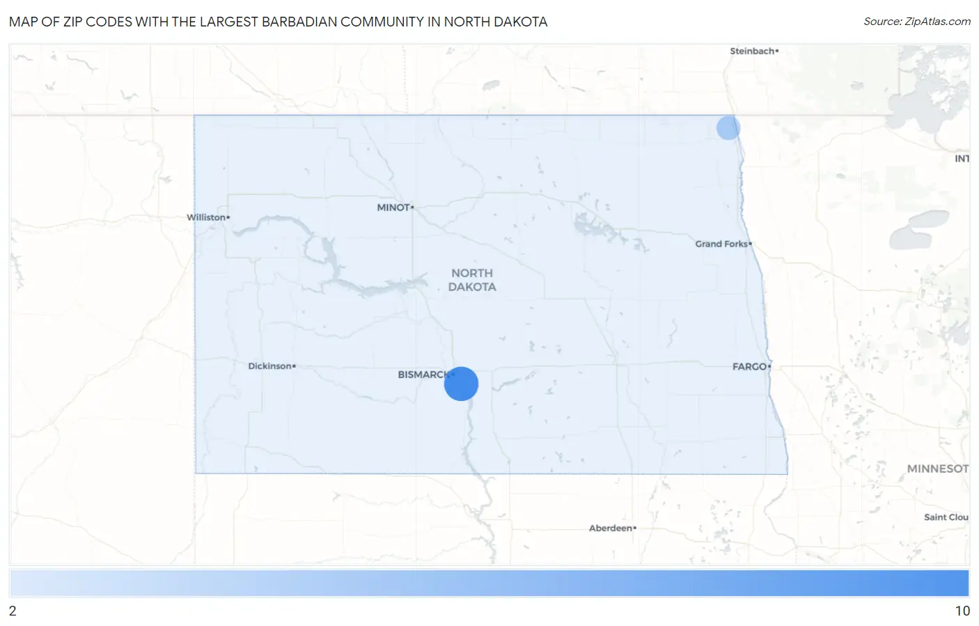 Zip Codes with the Largest Barbadian Community in North Dakota Map