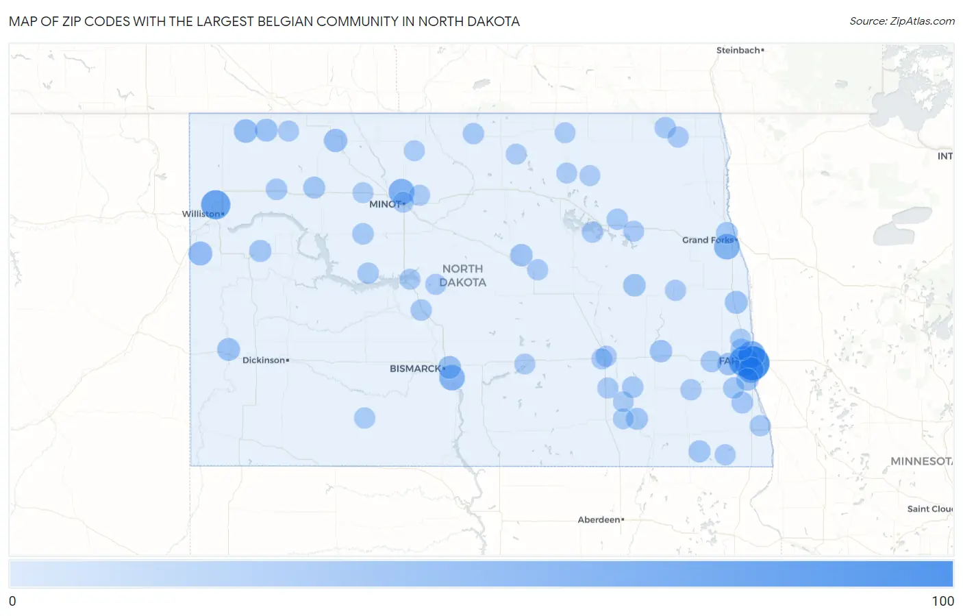 Zip Codes with the Largest Belgian Community in North Dakota Map