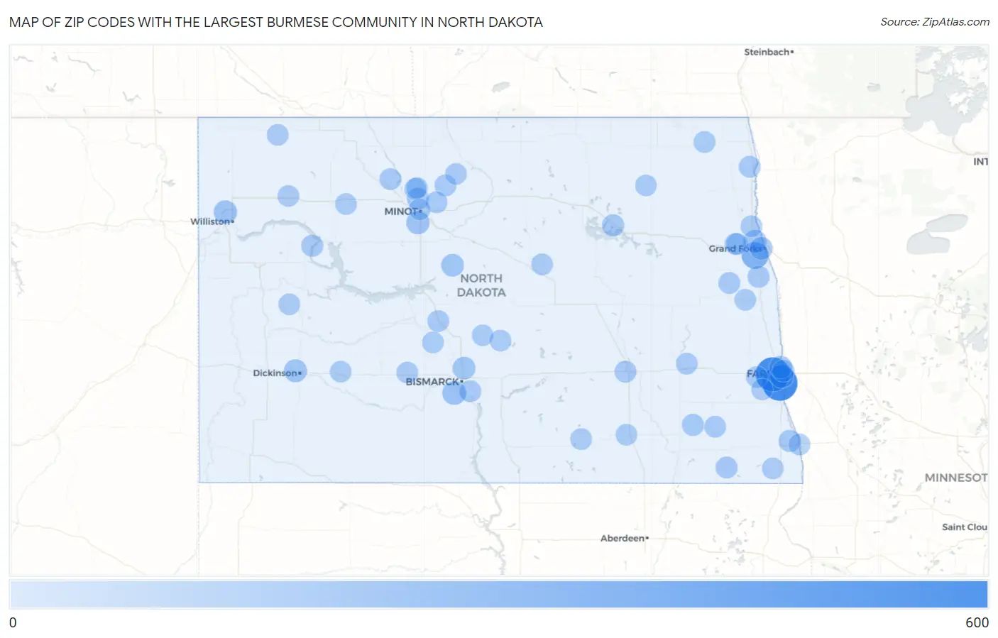 Zip Codes with the Largest Burmese Community in North Dakota Map