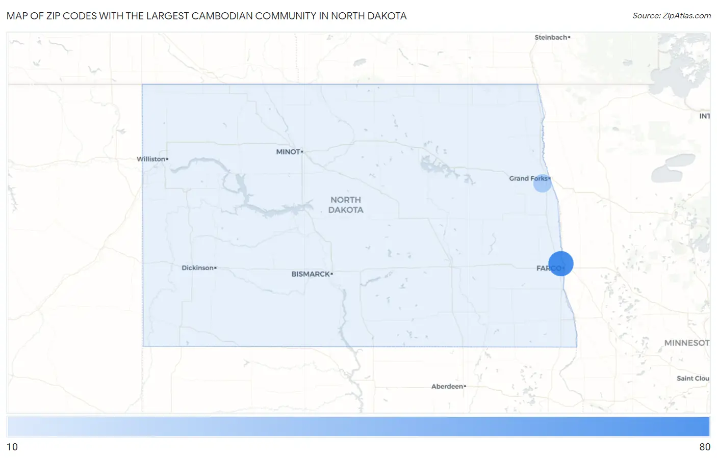 Zip Codes with the Largest Cambodian Community in North Dakota Map
