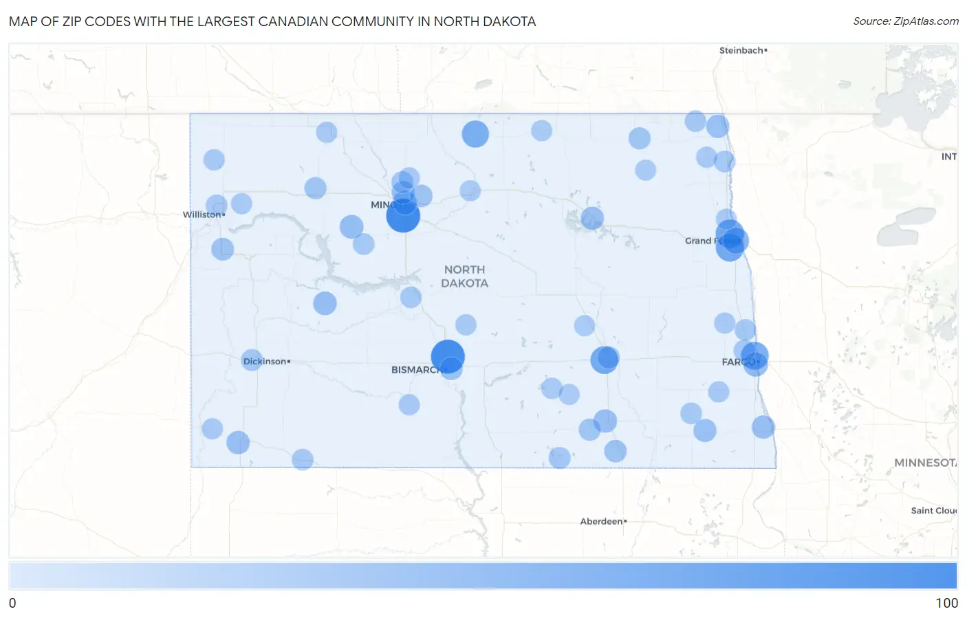 Zip Codes with the Largest Canadian Community in North Dakota Map
