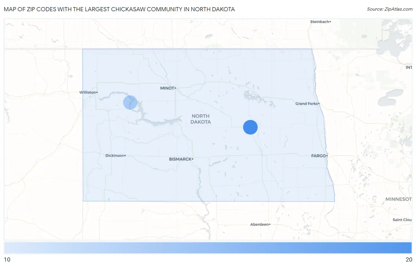 Zip Codes with the Largest Chickasaw Community in North Dakota Map