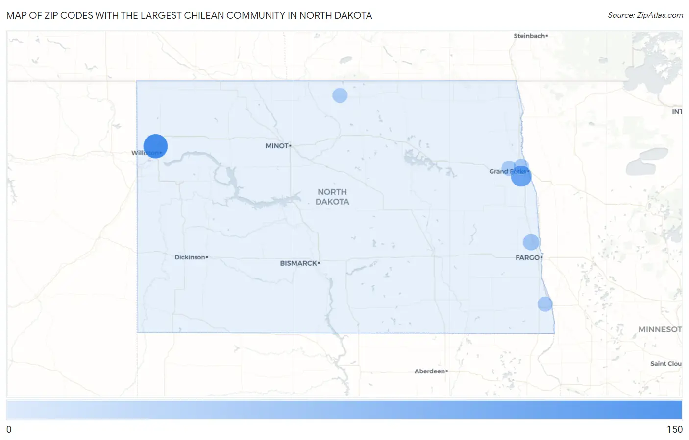 Zip Codes with the Largest Chilean Community in North Dakota Map