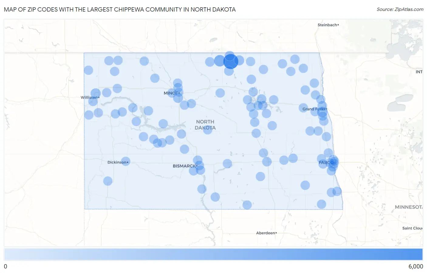 Zip Codes with the Largest Chippewa Community in North Dakota Map