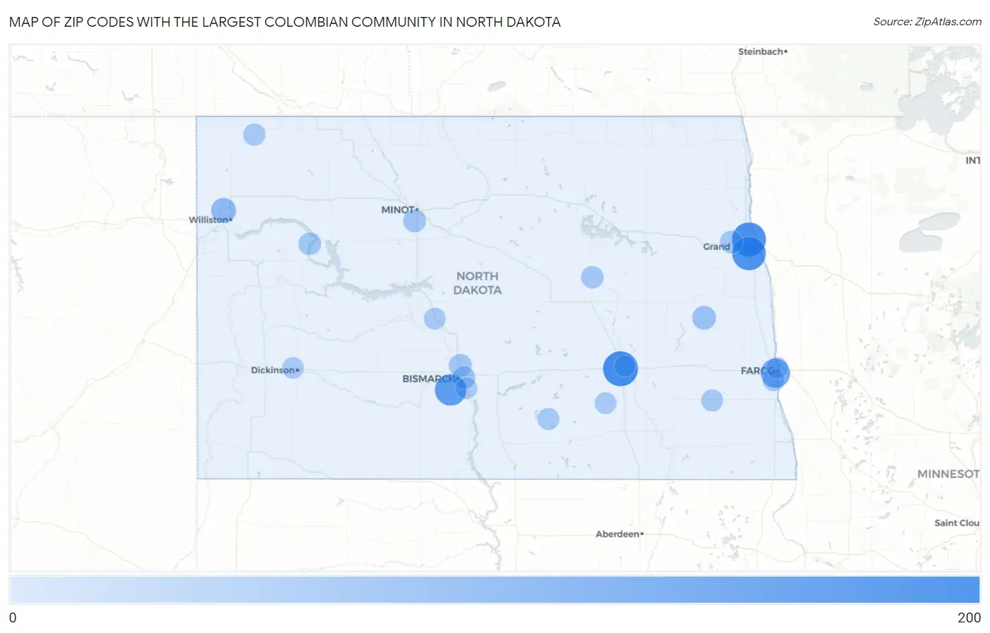 Zip Codes with the Largest Colombian Community in North Dakota Map