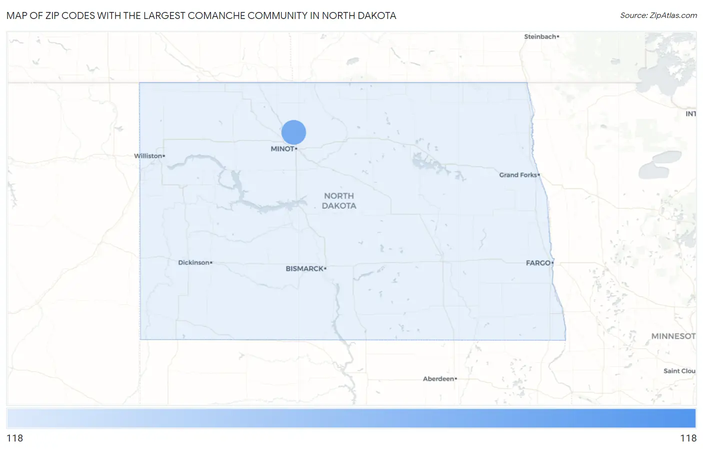 Zip Codes with the Largest Comanche Community in North Dakota Map