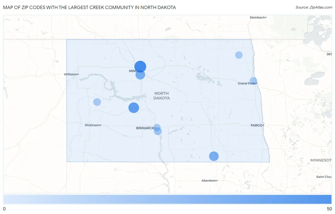 Zip Codes with the Largest Creek Community in North Dakota Map