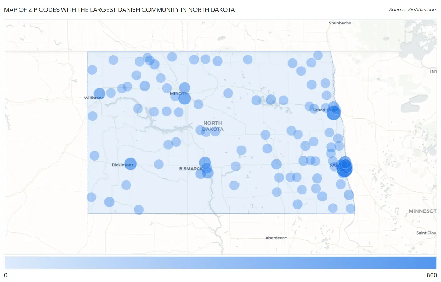 Zip Codes with the Largest Danish Community in North Dakota Map