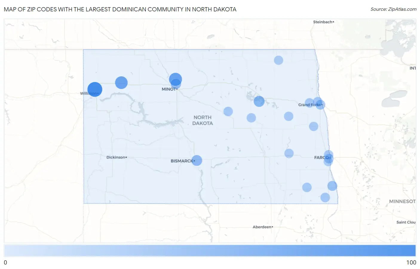 Zip Codes with the Largest Dominican Community in North Dakota Map