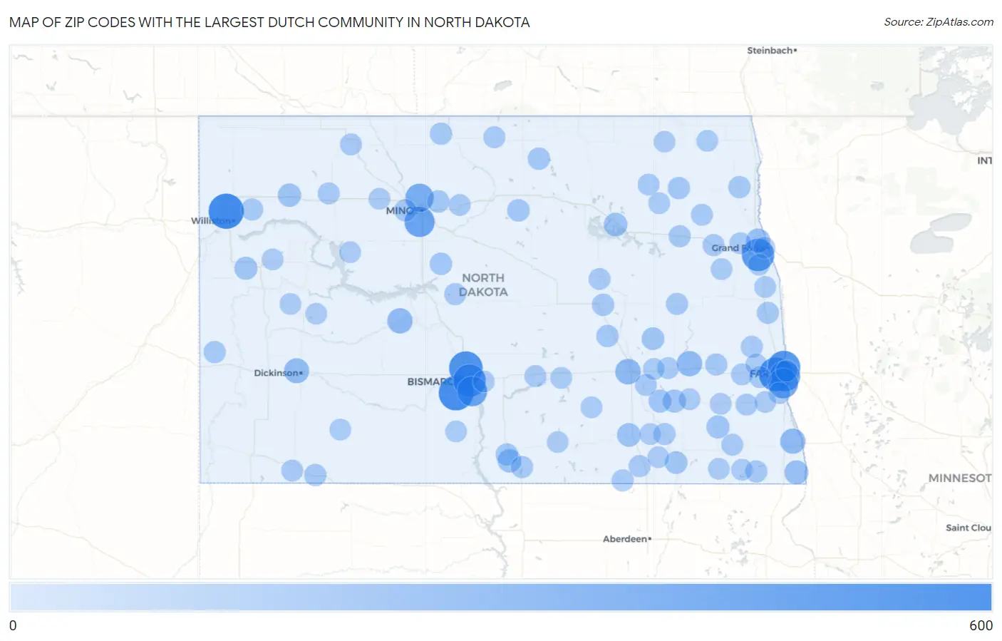 Zip Codes with the Largest Dutch Community in North Dakota Map