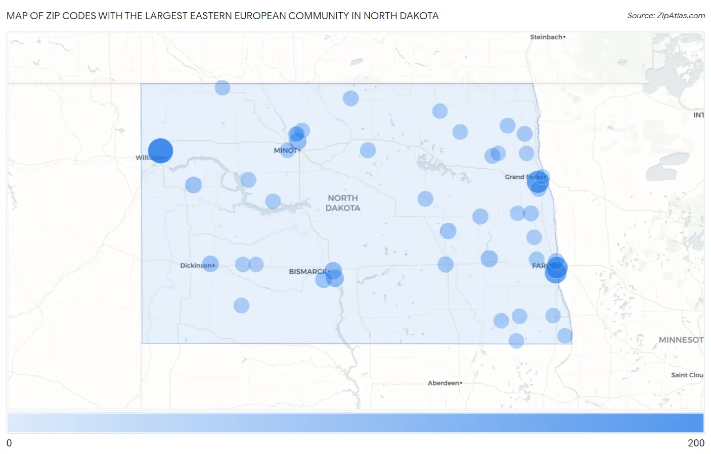 Zip Codes with the Largest Eastern European Community in North Dakota Map