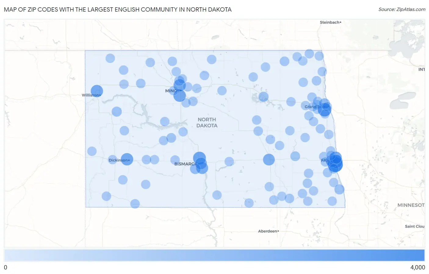 Zip Codes with the Largest English Community in North Dakota Map