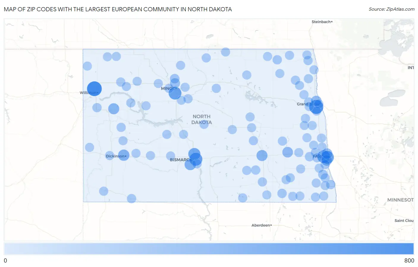 Zip Codes with the Largest European Community in North Dakota Map