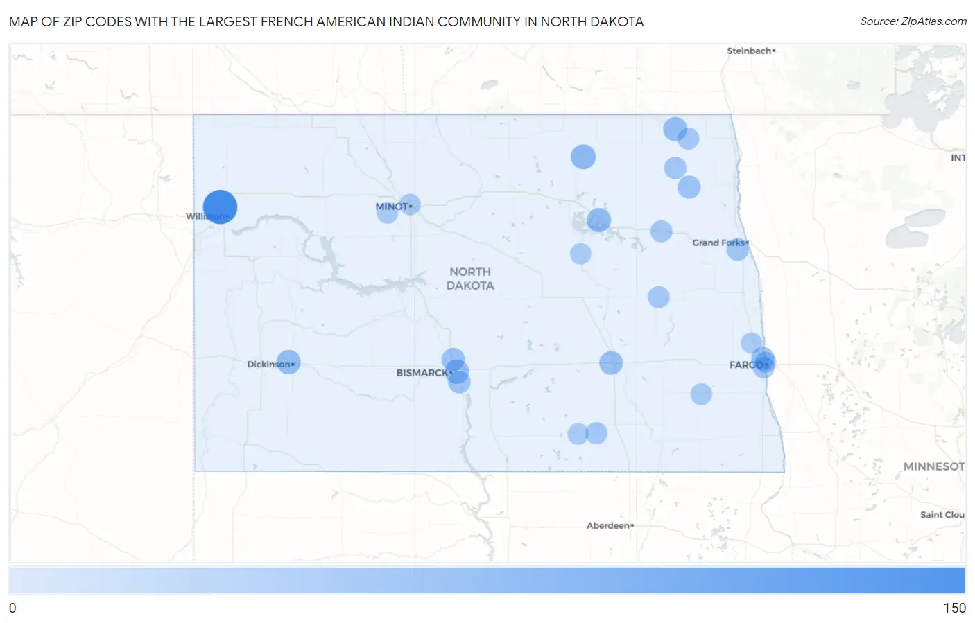 Zip Codes with the Largest French American Indian Community in North Dakota Map