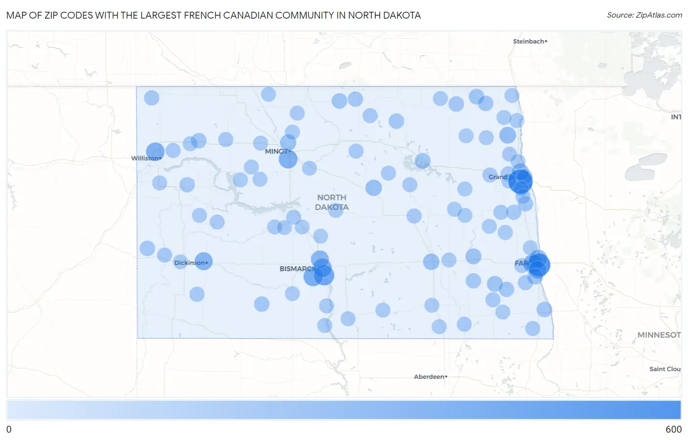Zip Codes with the Largest French Canadian Community in North Dakota Map