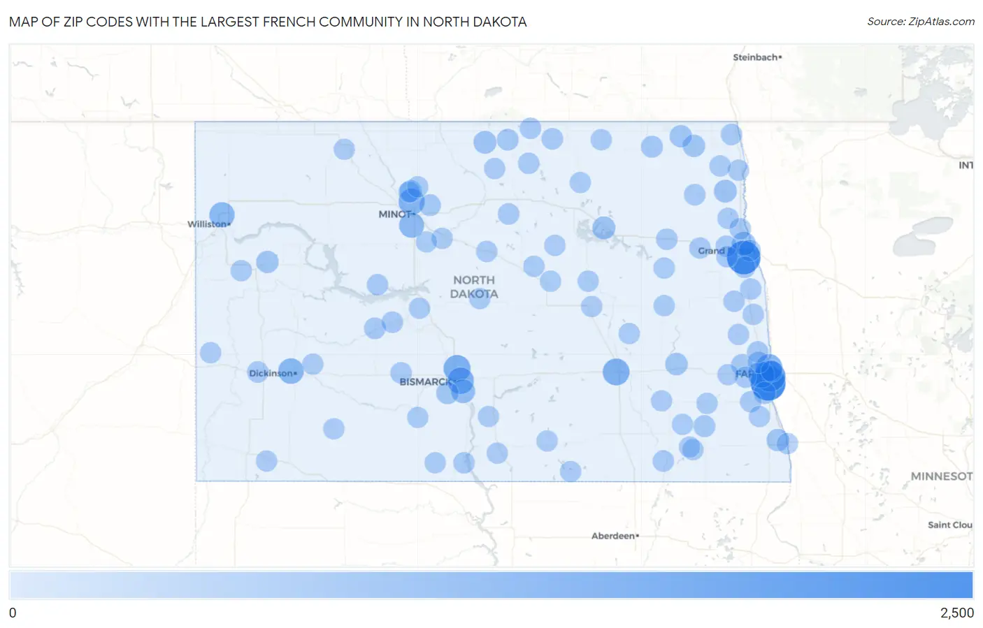 Zip Codes with the Largest French Community in North Dakota Map