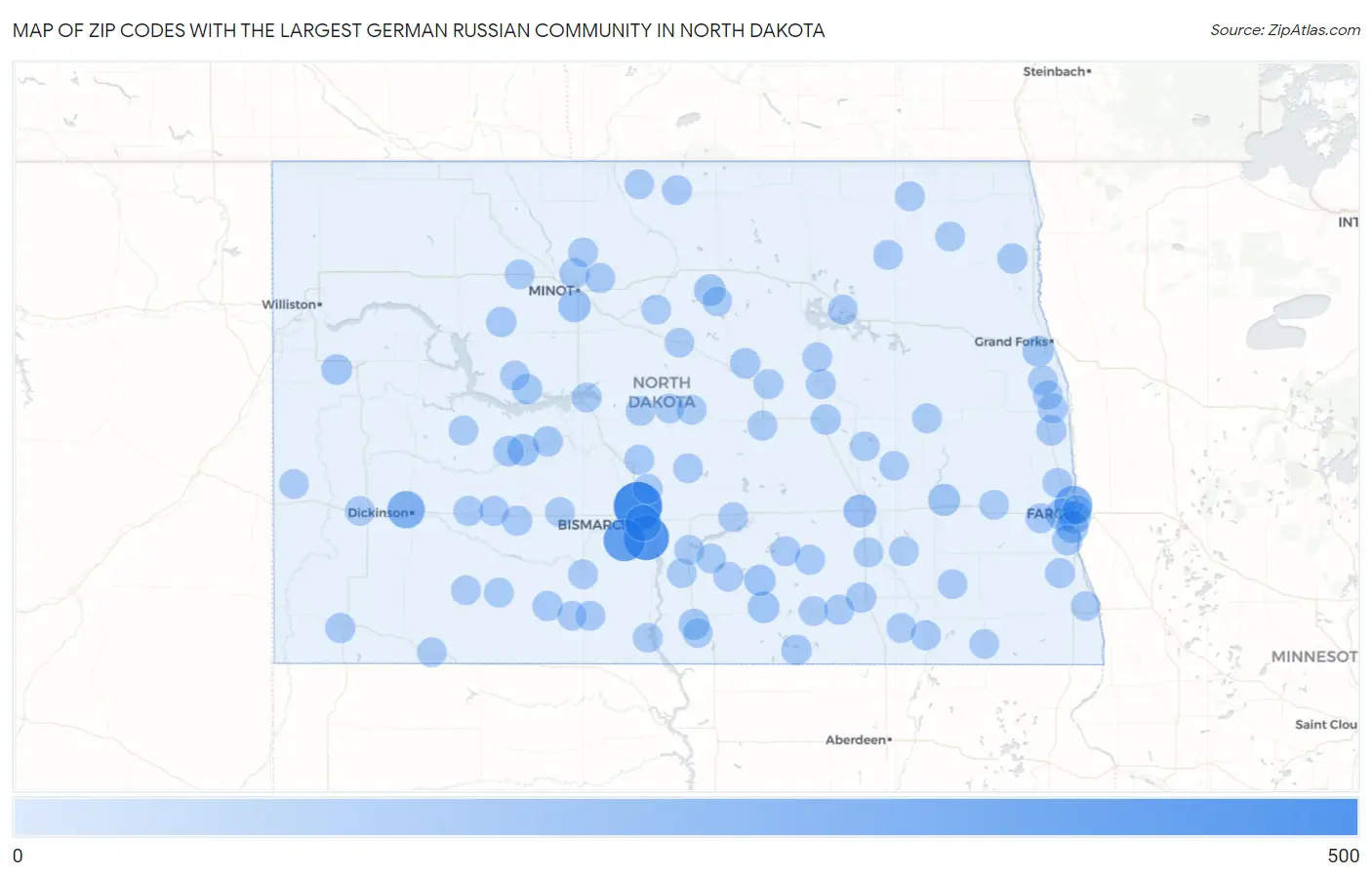 Zip Codes with the Largest German Russian Community in North Dakota Map