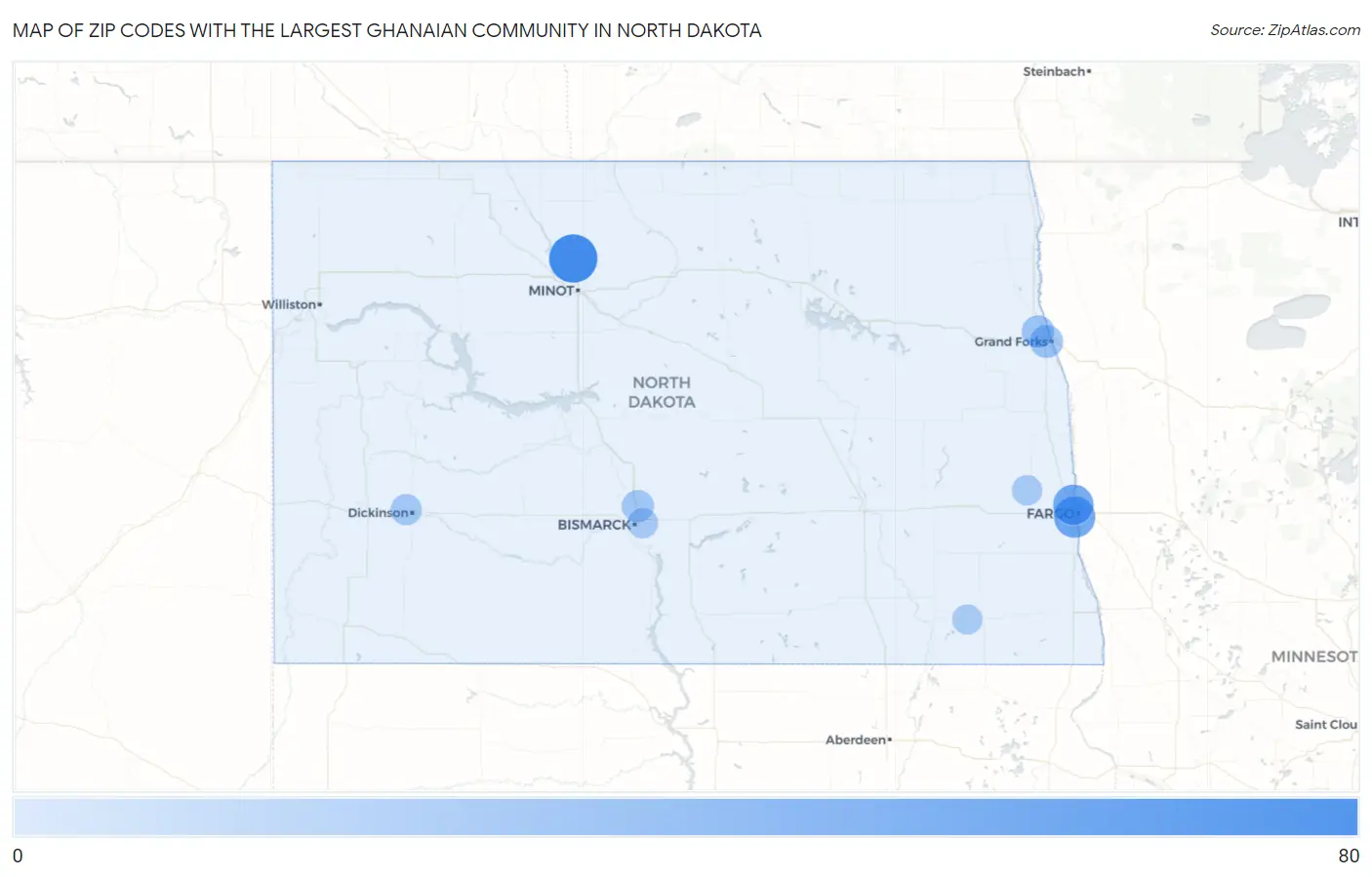 Zip Codes with the Largest Ghanaian Community in North Dakota Map