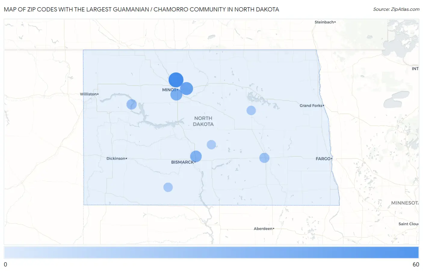 Zip Codes with the Largest Guamanian / Chamorro Community in North Dakota Map