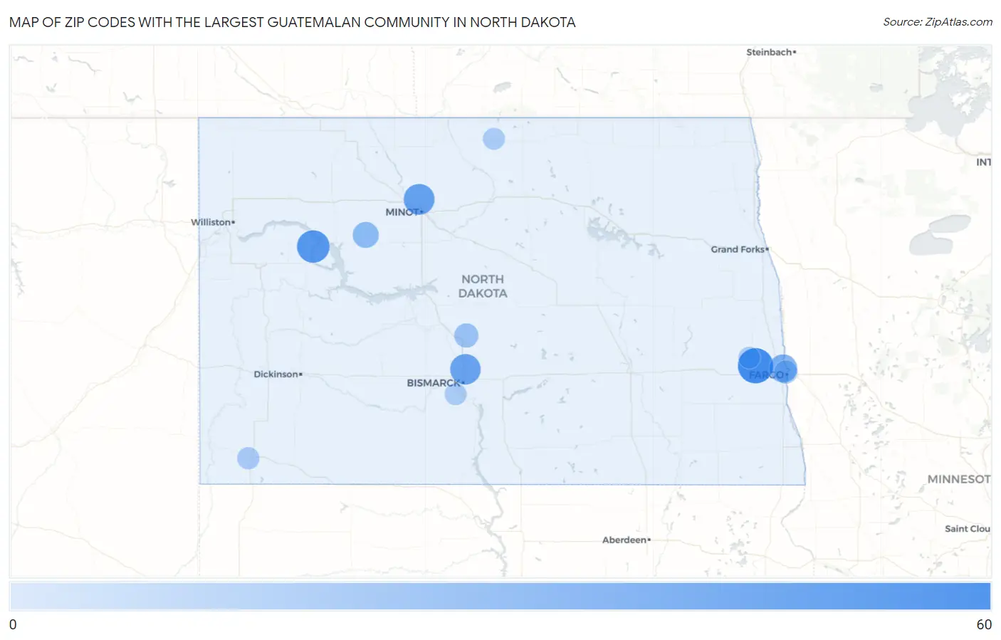 Zip Codes with the Largest Guatemalan Community in North Dakota Map