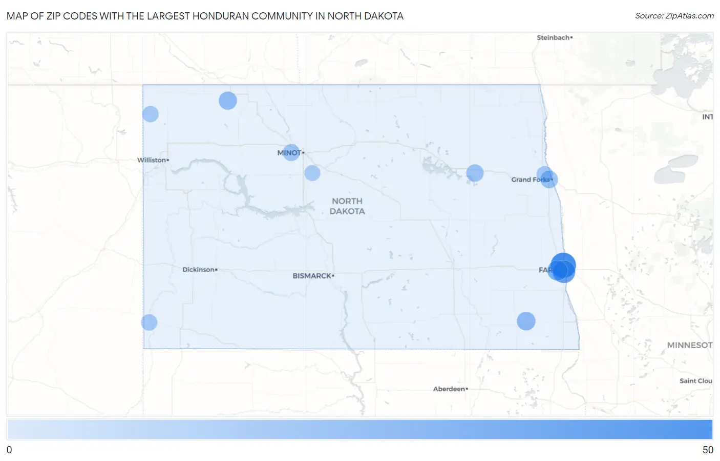 Zip Codes with the Largest Honduran Community in North Dakota Map