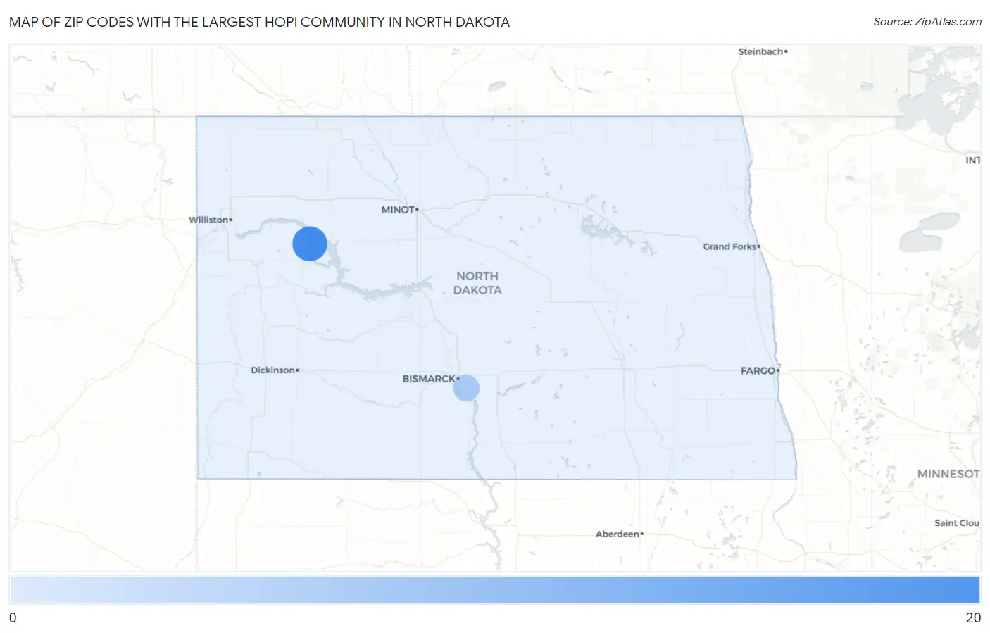 Zip Codes with the Largest Hopi Community in North Dakota Map