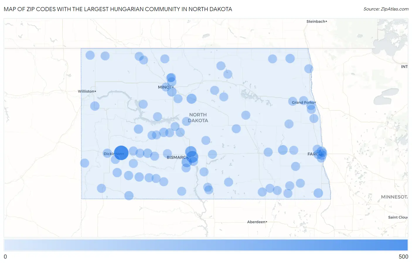 Zip Codes with the Largest Hungarian Community in North Dakota Map