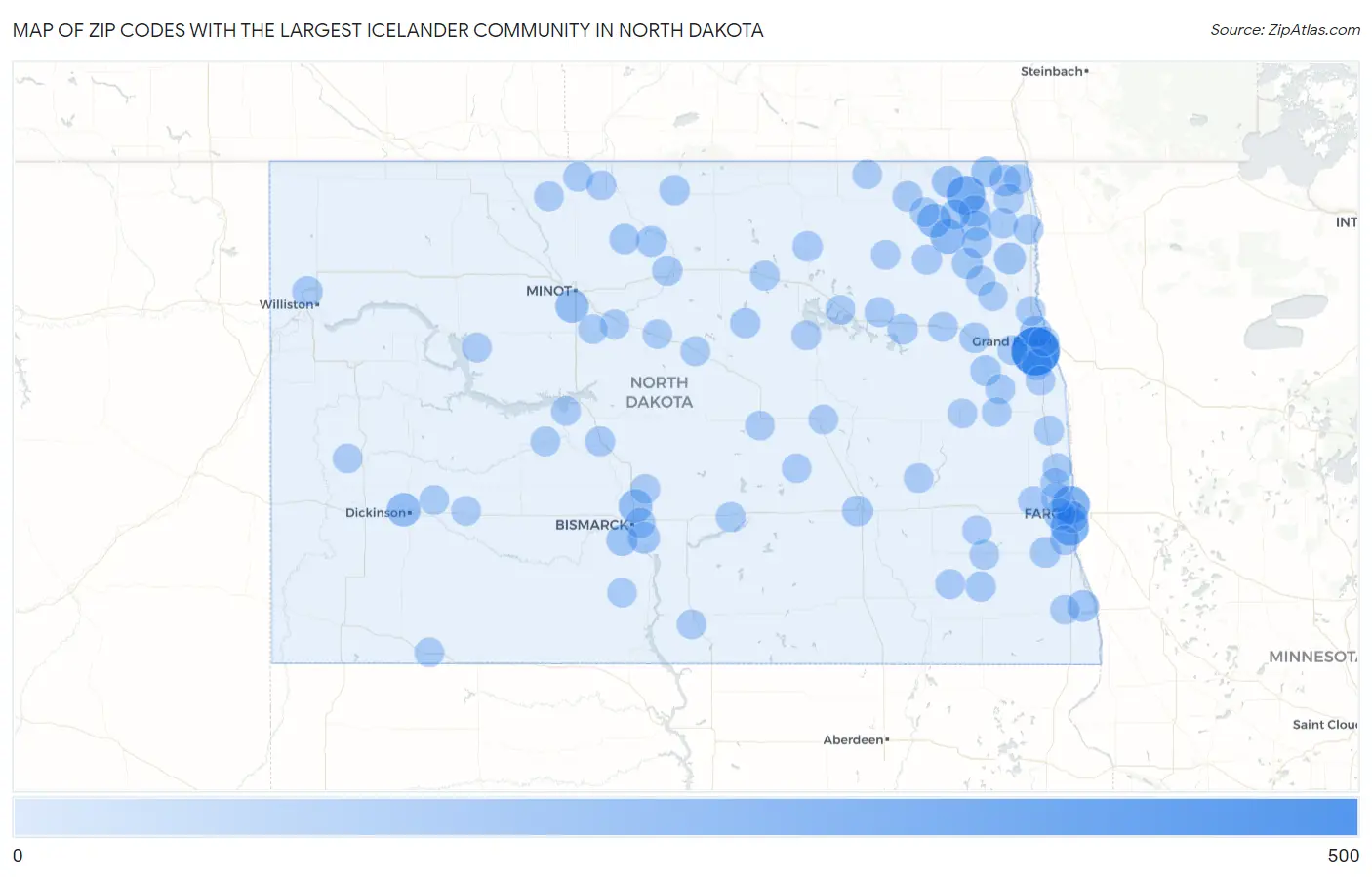 Zip Codes with the Largest Icelander Community in North Dakota Map