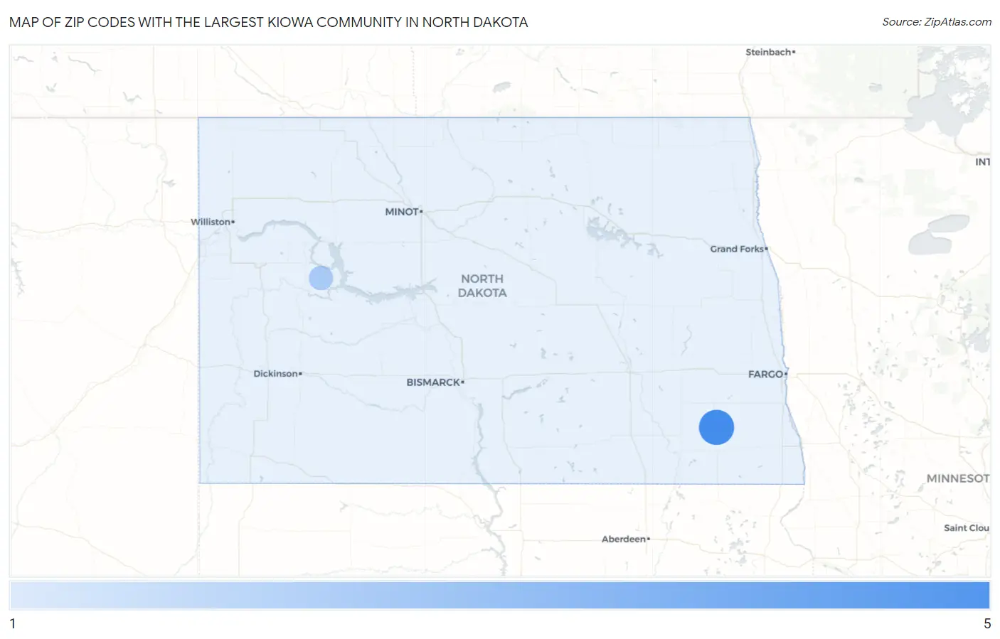 Zip Codes with the Largest Kiowa Community in North Dakota Map