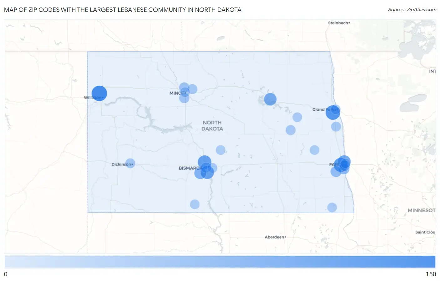 Zip Codes with the Largest Lebanese Community in North Dakota Map