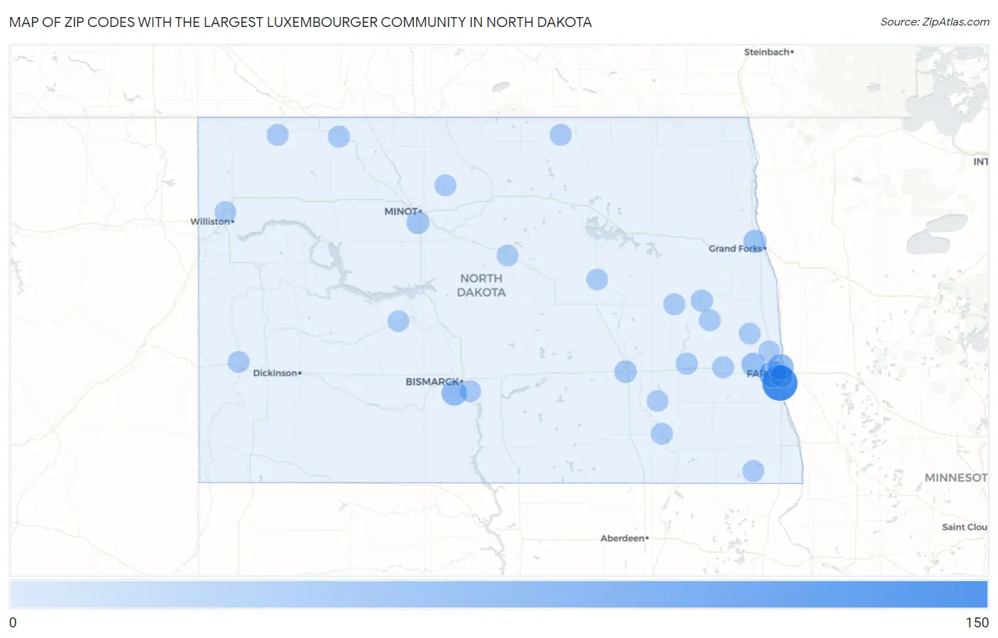 Zip Codes with the Largest Luxembourger Community in North Dakota Map