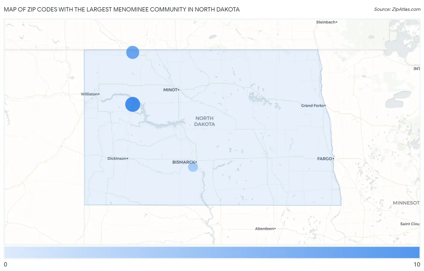 Zip Codes with the Largest Menominee Community in North Dakota Map