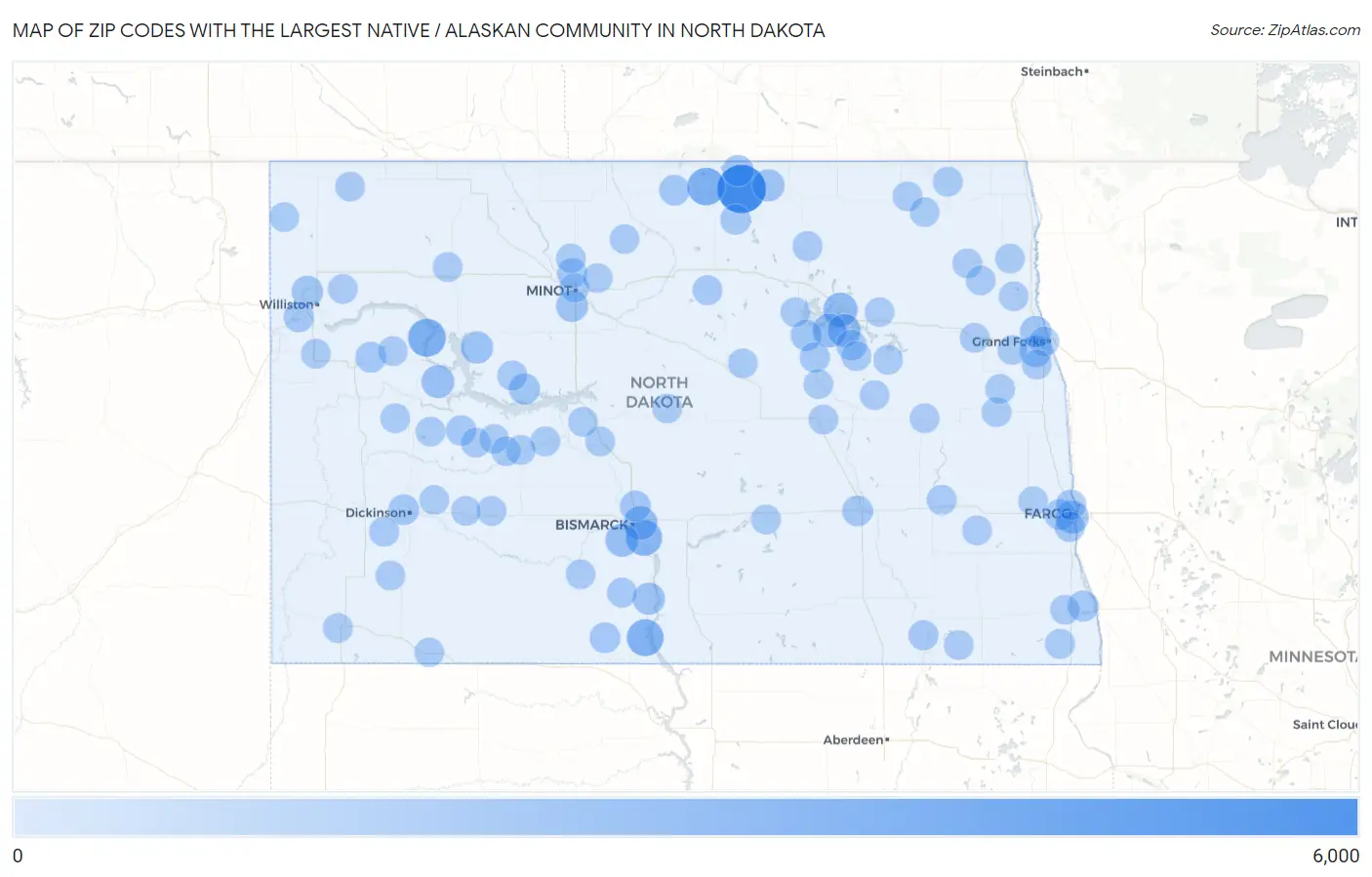 Zip Codes with the Largest Native / Alaskan Community in North Dakota Map