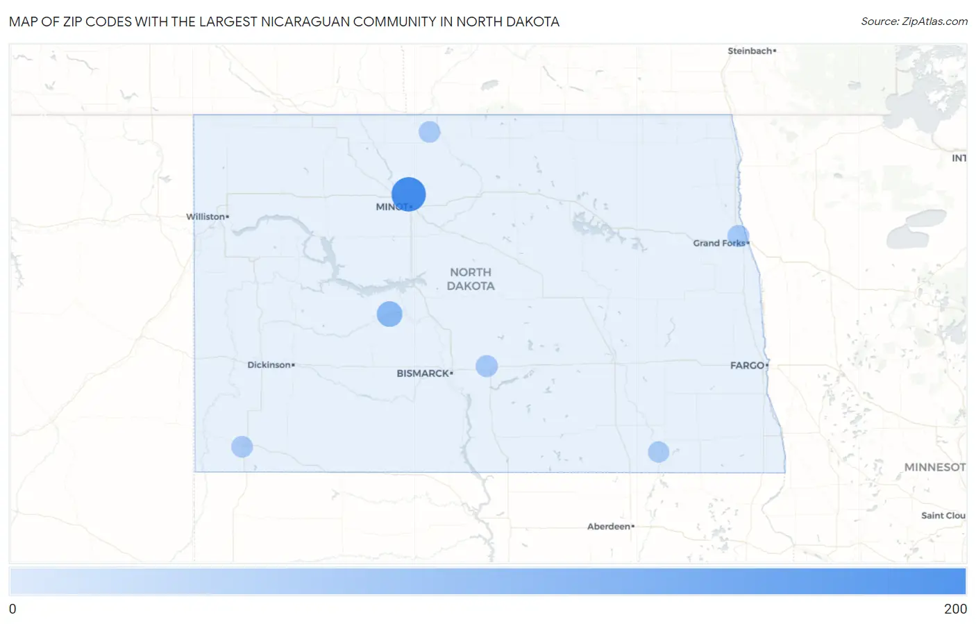 Zip Codes with the Largest Nicaraguan Community in North Dakota Map