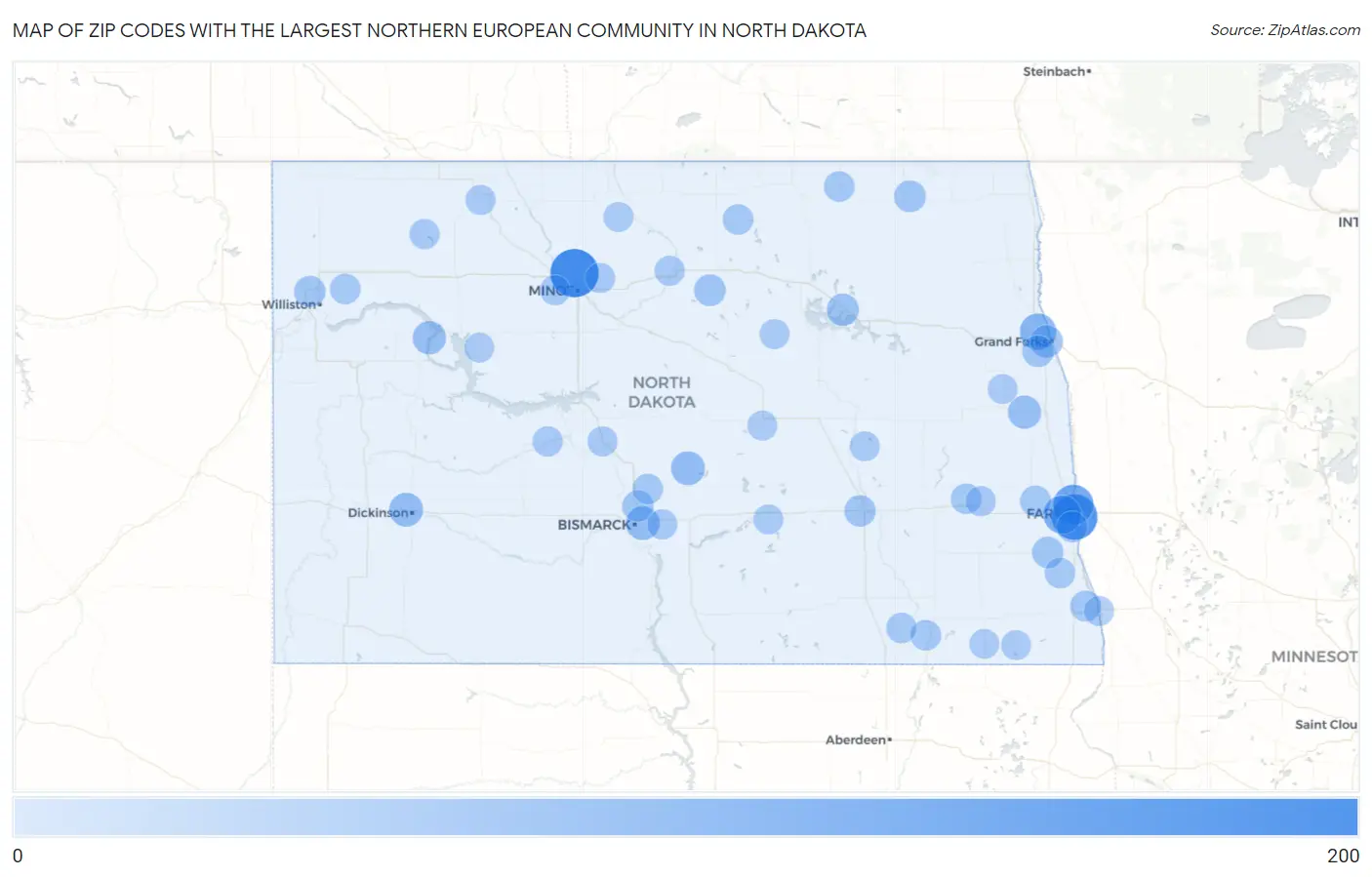 Zip Codes with the Largest Northern European Community in North Dakota Map