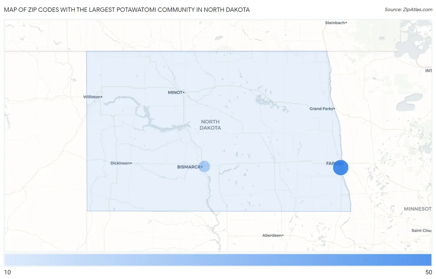 Zip Codes with the Largest Potawatomi Community in North Dakota Map