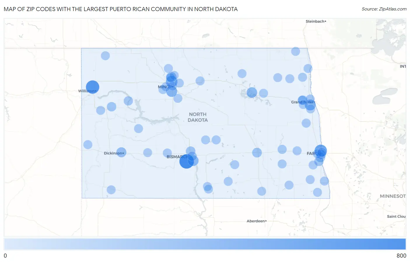 Zip Codes with the Largest Puerto Rican Community in North Dakota Map