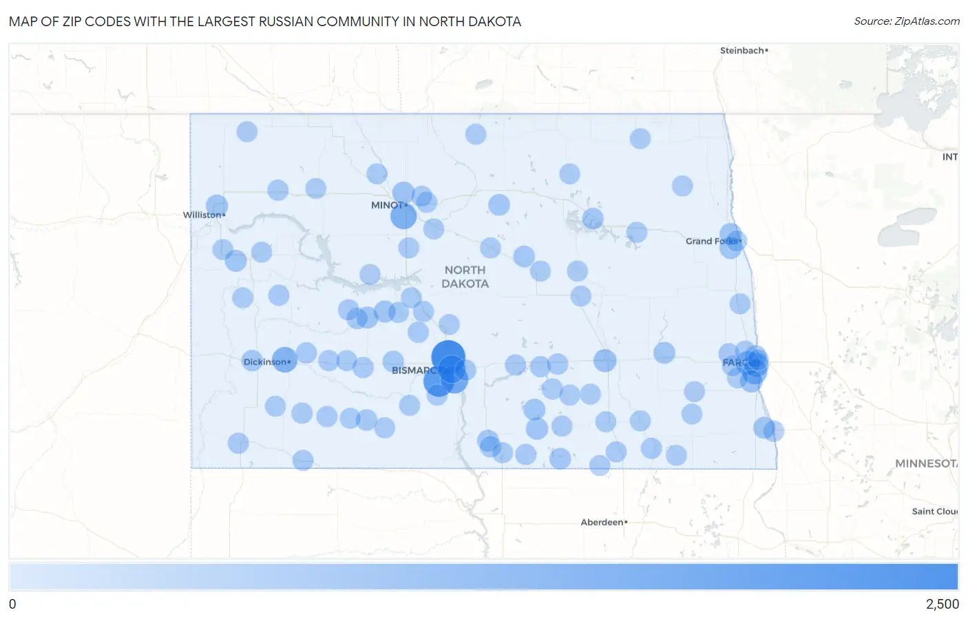 Zip Codes with the Largest Russian Community in North Dakota Map
