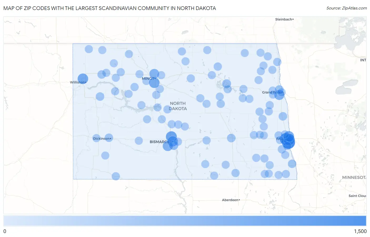 Zip Codes with the Largest Scandinavian Community in North Dakota Map