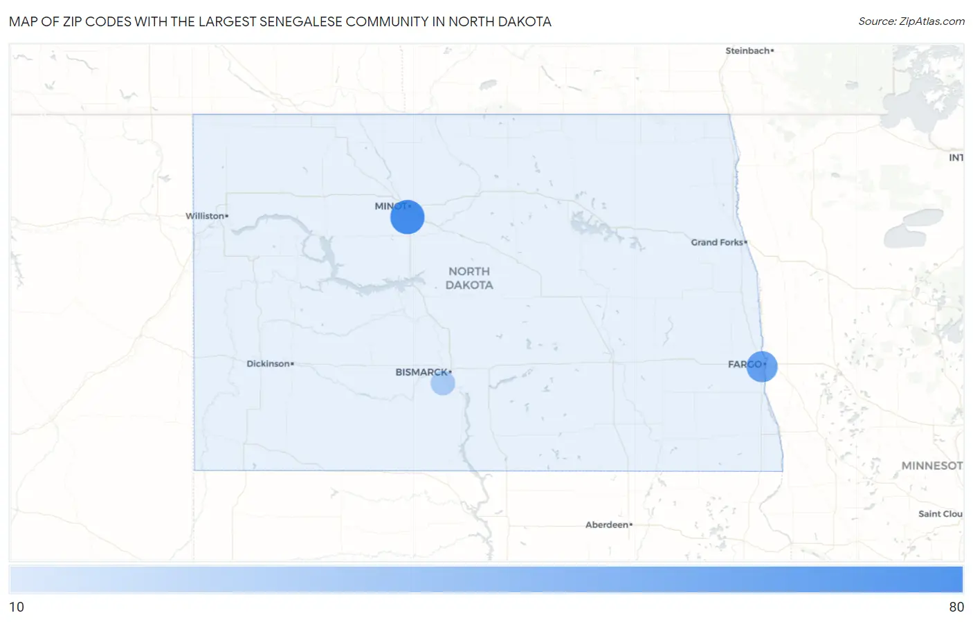 Zip Codes with the Largest Senegalese Community in North Dakota Map