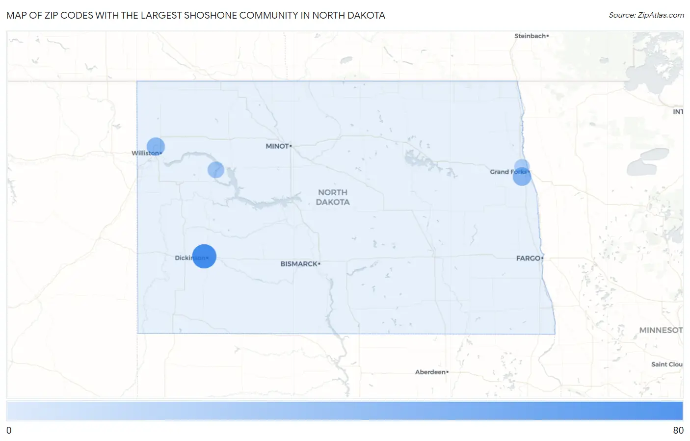Zip Codes with the Largest Shoshone Community in North Dakota Map