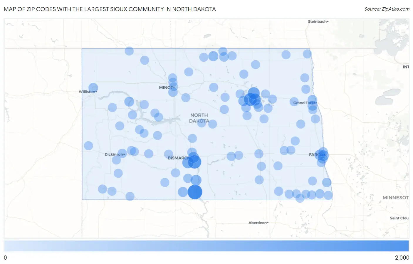 Zip Codes with the Largest Sioux Community in North Dakota Map