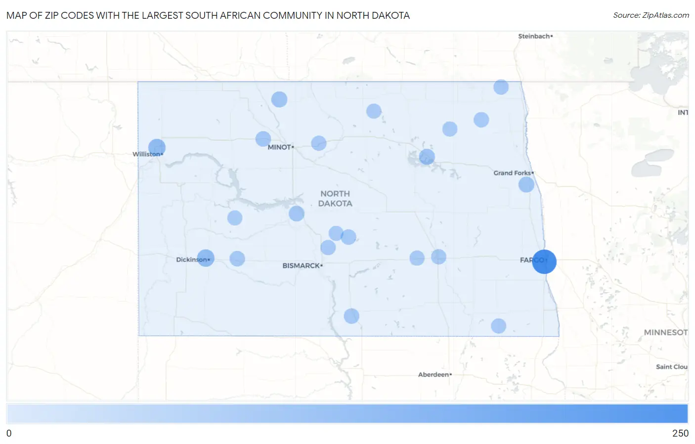 Zip Codes with the Largest South African Community in North Dakota Map