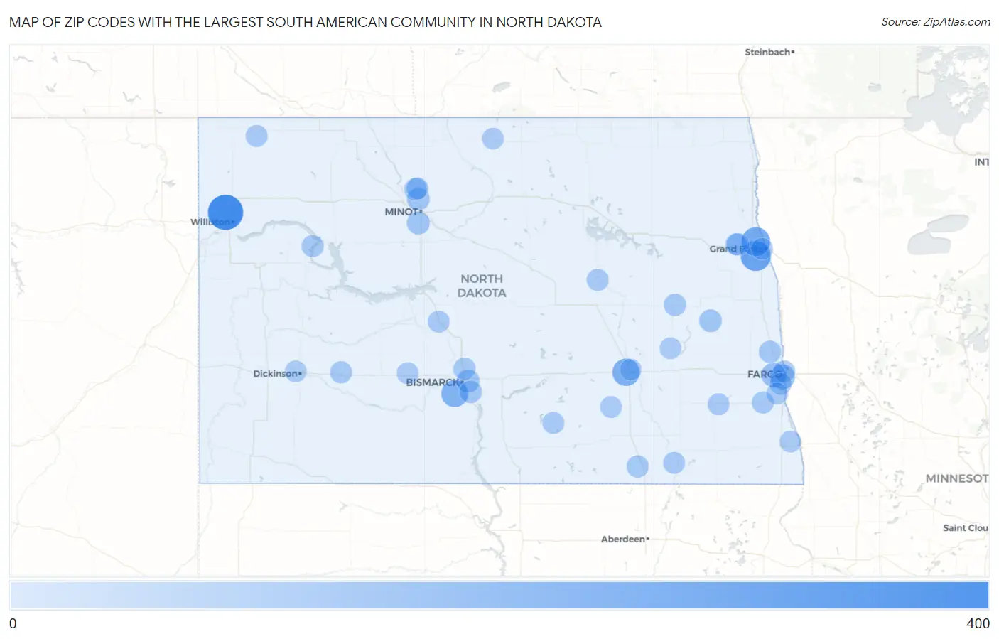 Zip Codes with the Largest South American Community in North Dakota Map