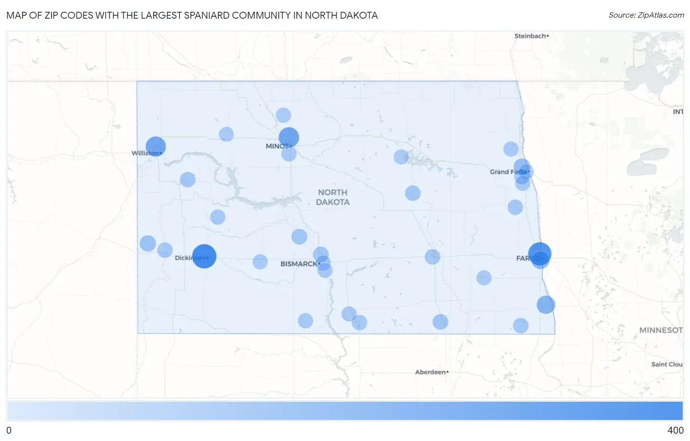 Zip Codes with the Largest Spaniard Community in North Dakota Map