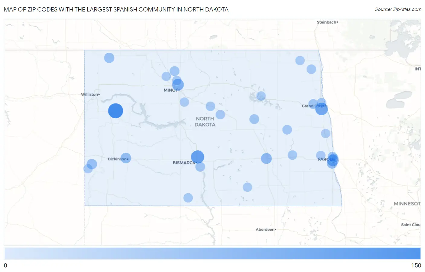 Zip Codes with the Largest Spanish Community in North Dakota Map