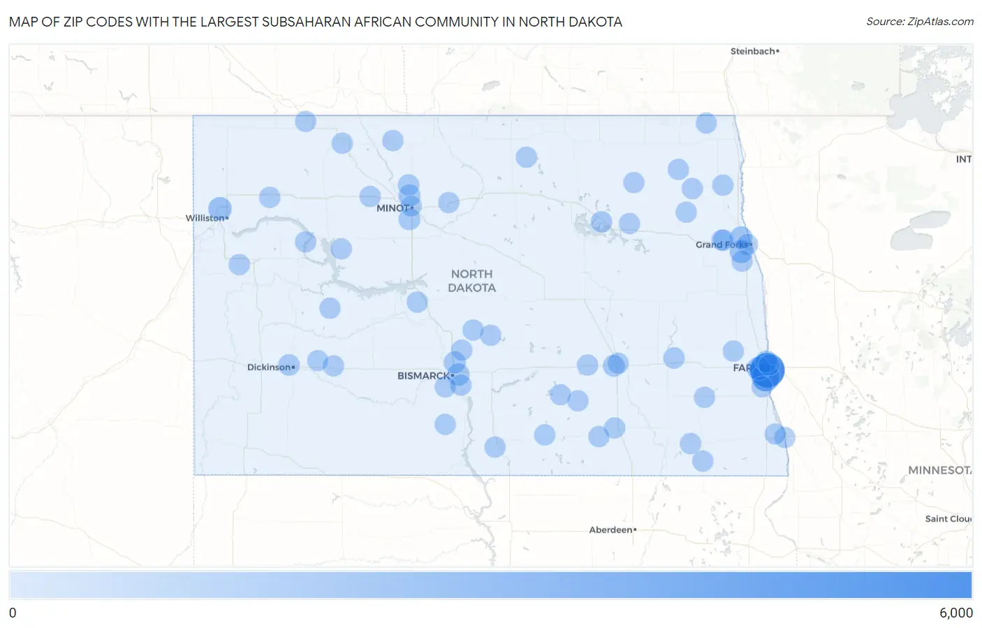 Zip Codes with the Largest Subsaharan African Community in North Dakota Map