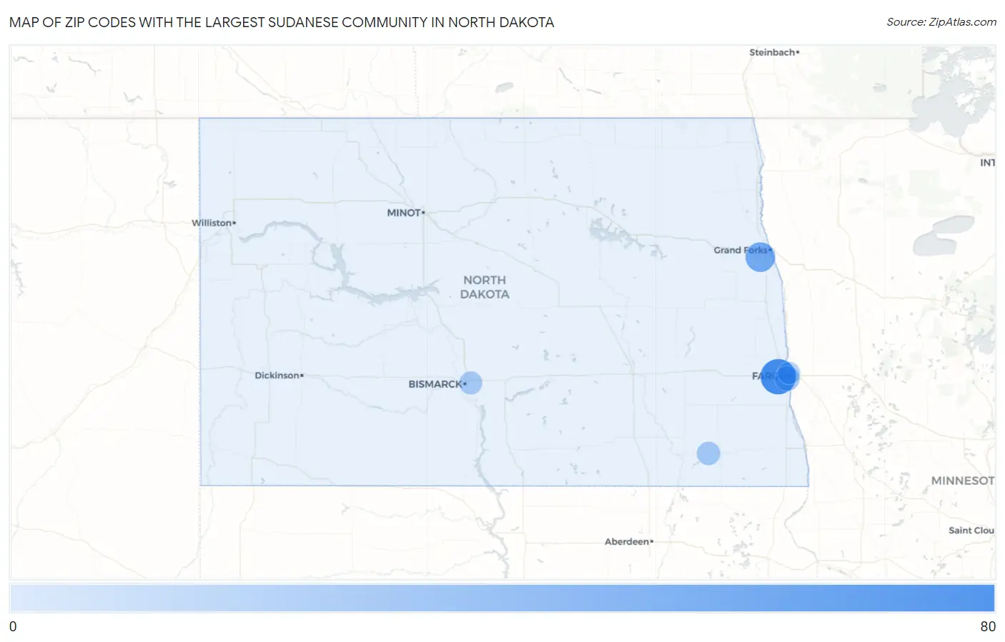 Zip Codes with the Largest Sudanese Community in North Dakota Map