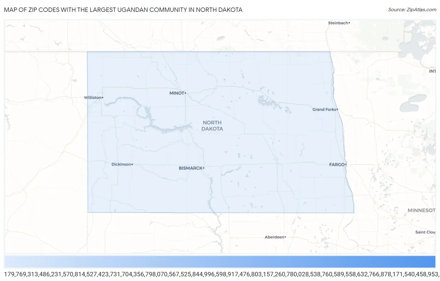 Zip Codes with the Largest Ugandan Community in North Dakota Map